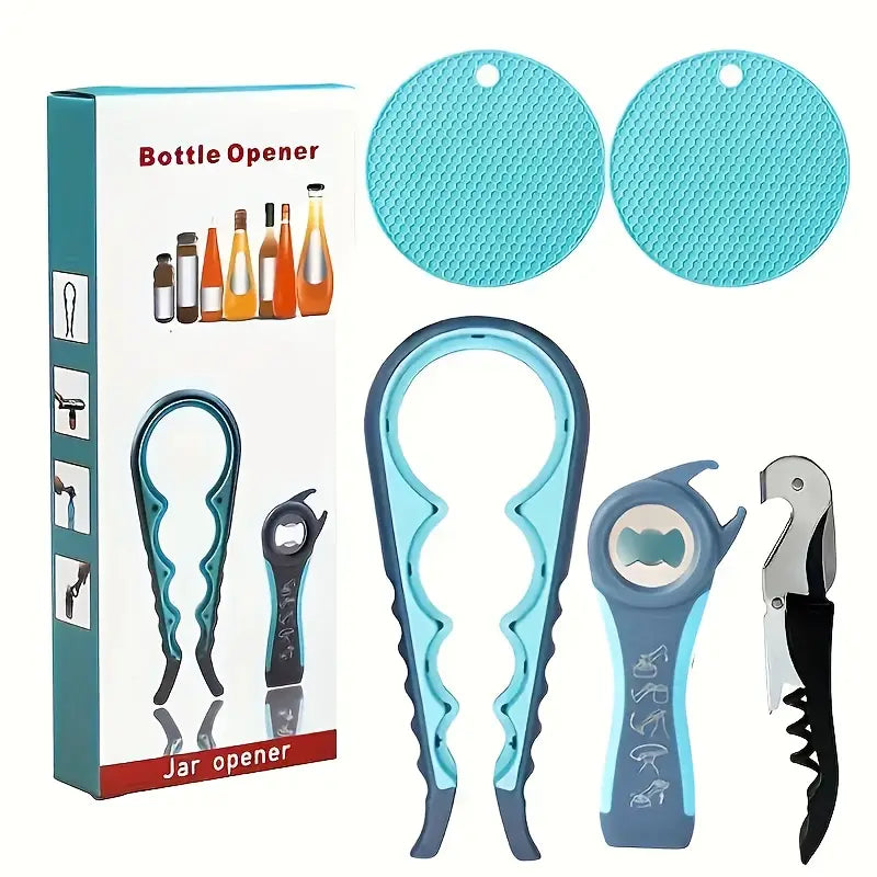 4pcs Multi-Function Bottle Opener Set, Stainless Steel & Plastic, Comfort Grip Kitchen Tools with Jar Opener